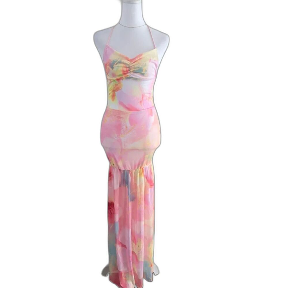 Pink Floral Mesh Halter Maxi Dress Boho Backless Vacation Sundress